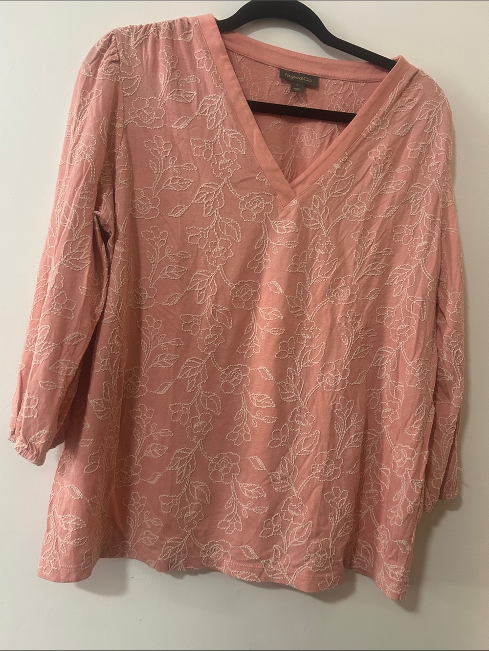 Style & Co. Dusty Pink Floral V-Neck Embroidered Tunic